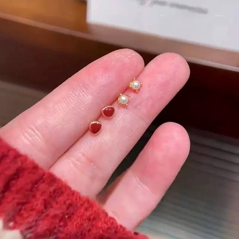铜合金耳饰 简约迷你四件套爱心耳钉气质小众高级感红色耳环女
