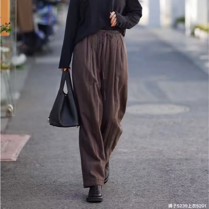 5239秋冬季新款女士砂洗亚麻灯笼裤休闲风宽松高腰简约直筒阔腿裤