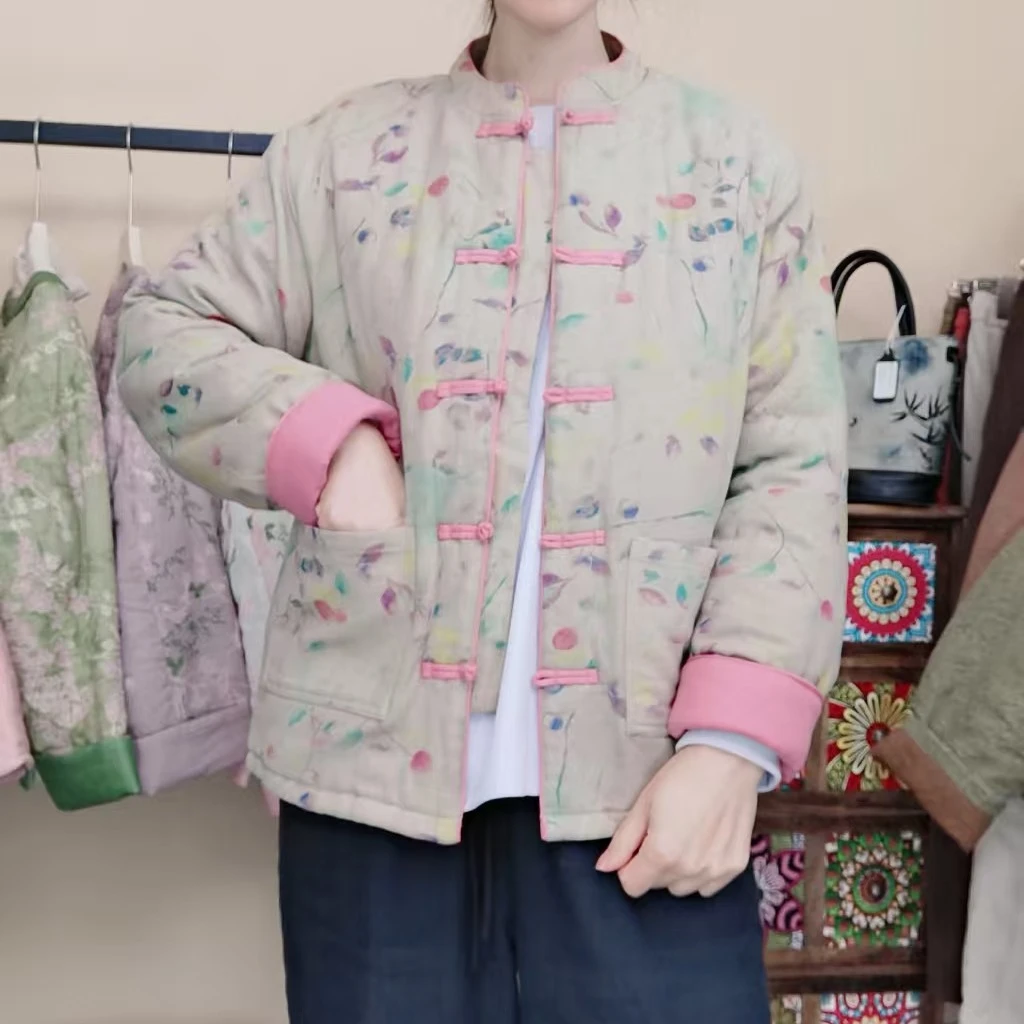 30122新中式国风印花立领加厚保暖棉服外套冬季减龄