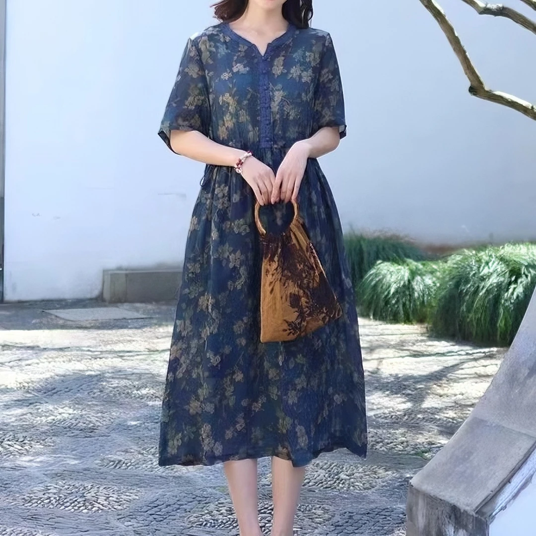 632纯苎麻晕染连衣裙复古文艺气质中国风遮肉A字板飘逸仙连衣裙