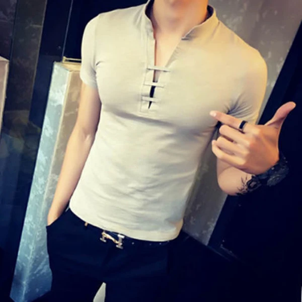 2024中国风男装修身短袖T恤男夏季纯色立领男士t恤韩版紧身半袖男