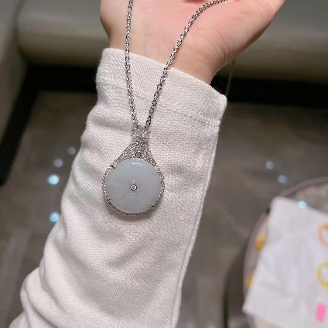 坠链均925银 旺莱 878 微镶满钻豪镶浅豆色平安扣毛衣链 凤选