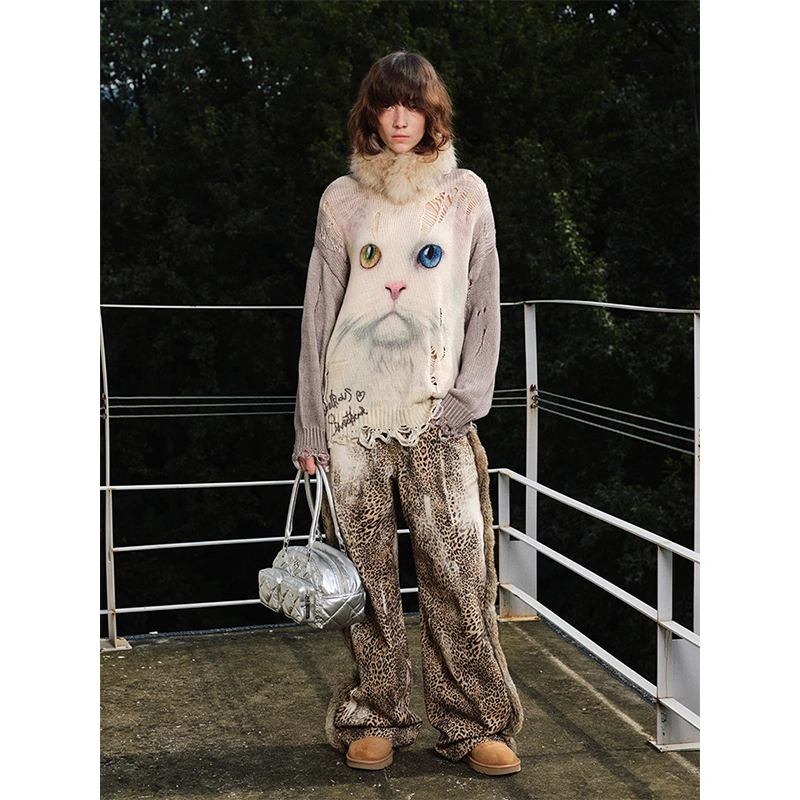 【佳佳】1JINN STUDIO 猫咪整衣印花破洞宽松毛衣