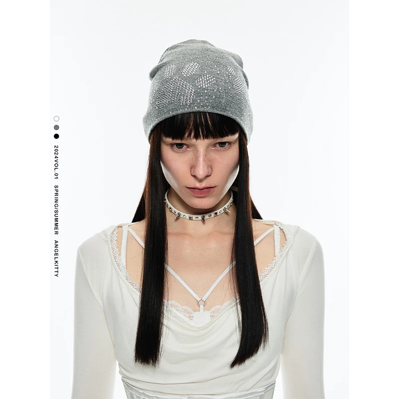 【2024春季新款Vol.1】1JINN STUDIO 纯色烫钻猫爪图案针织帽子