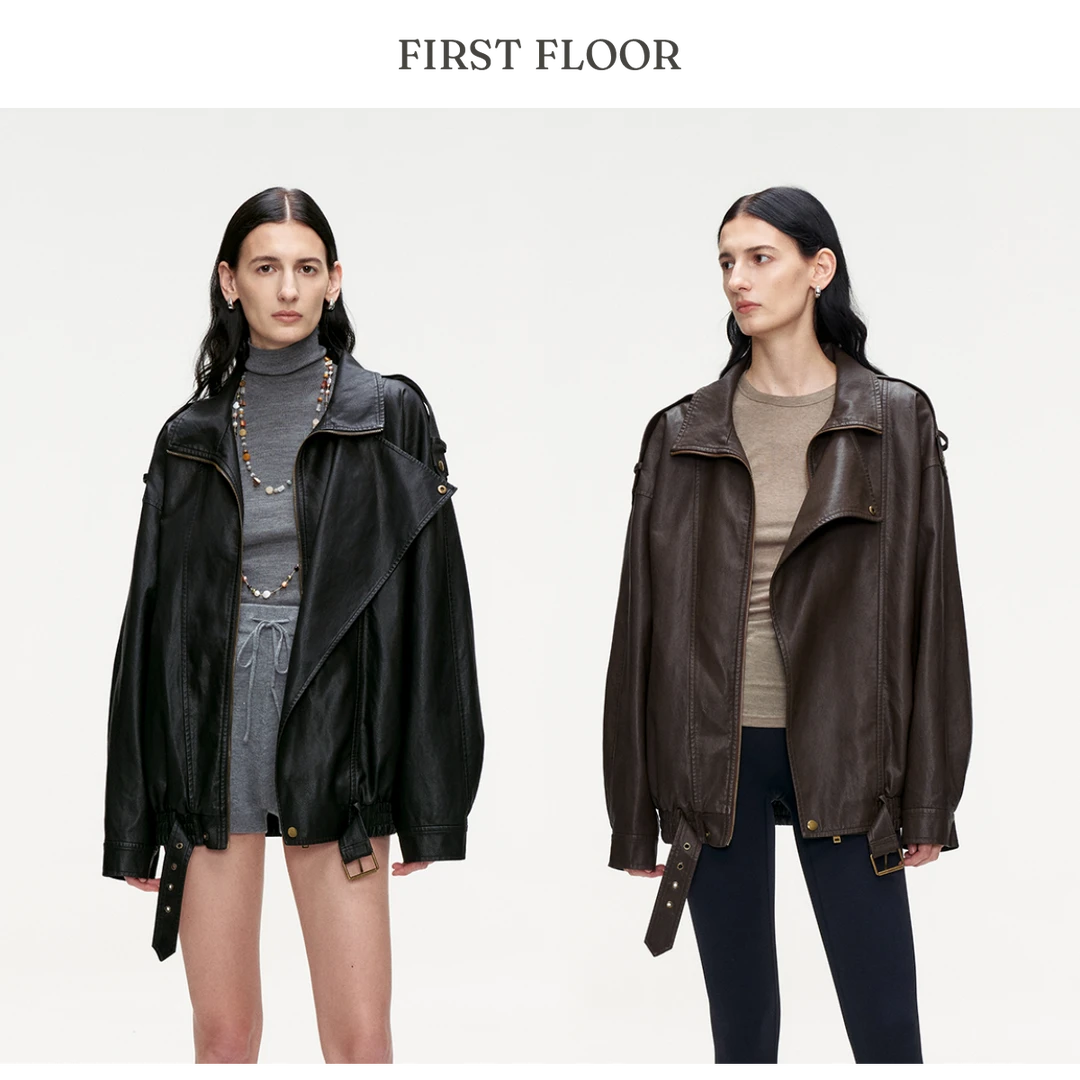 廓形宽松复古皮衣棕色夹克外套秋冬女高级