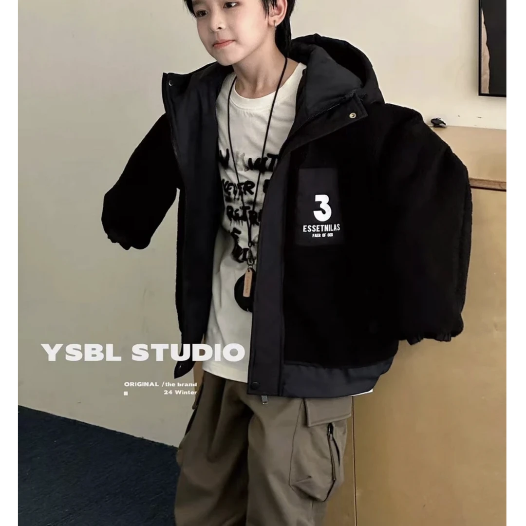 男童两面穿外套新款儿童羊羔绒夹克连帽秋冬装2025新款潮