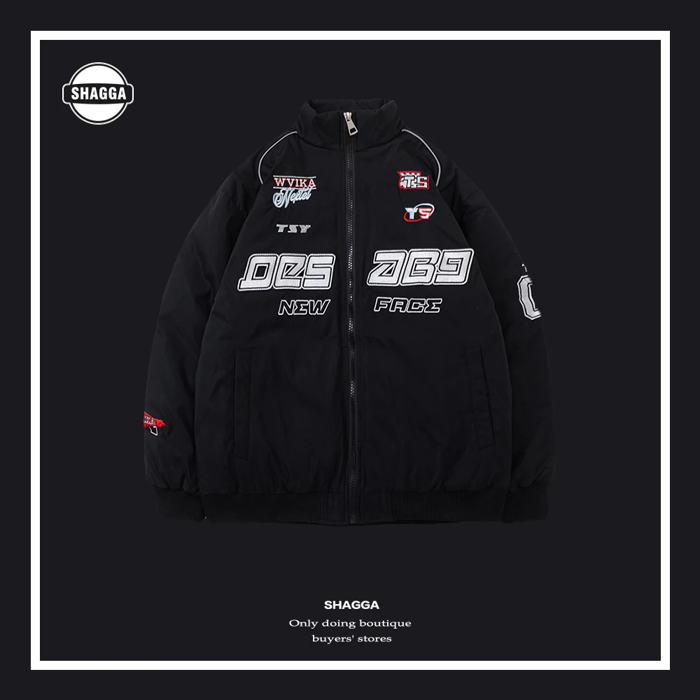 ins机车外套秋款夹克男女同款美式高街赛车重工刺绣宽松绒服