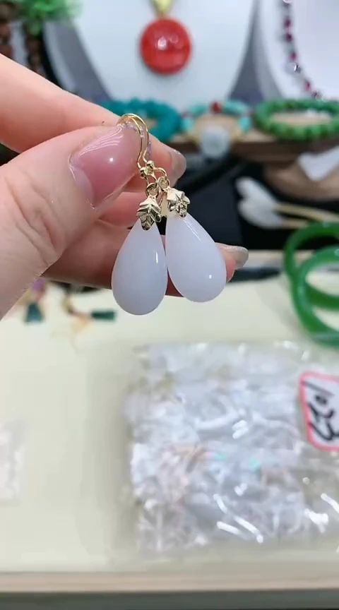 【闪购商品】和田玉耳饰银S925镀金镶嵌1023号