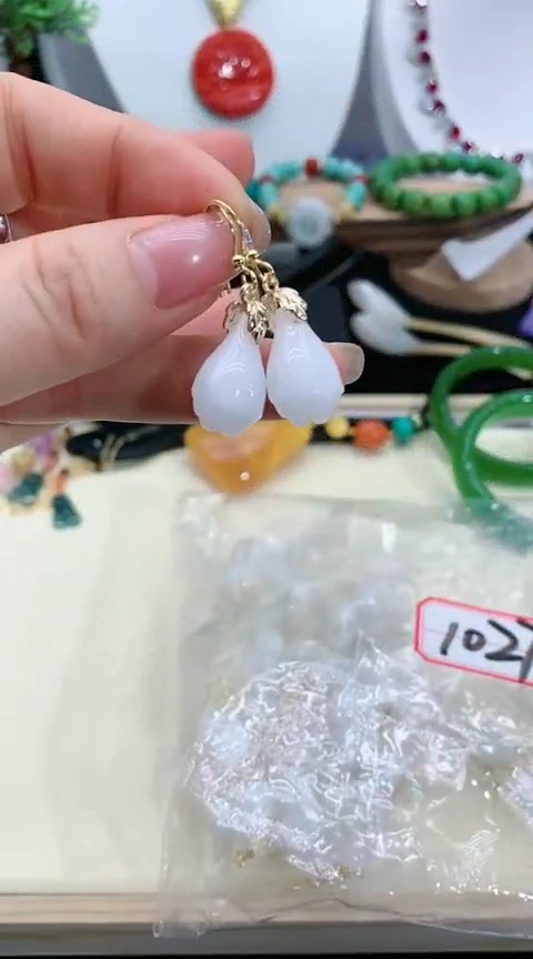 【闪购商品】和田玉耳饰银S925镀金镶嵌1027号