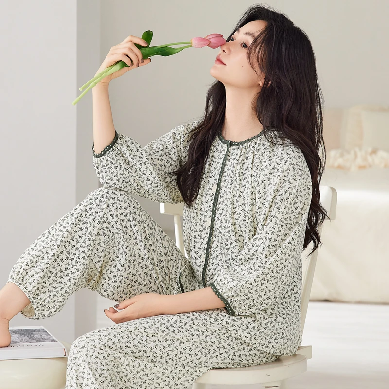 睡衣女春秋款夏季纯棉国风和服大码春夏薄款七分袖长裤套装家居服