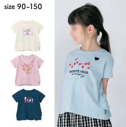 出口日本夏季女童纯棉圆领短袖T恤儿童卡通立体飞边创意半袖上衣