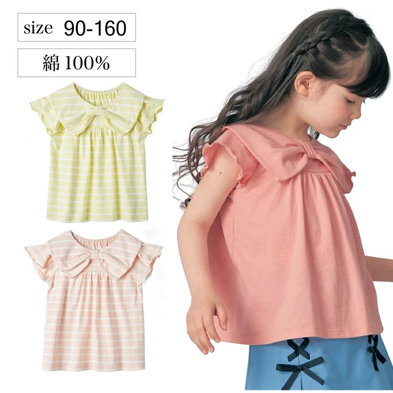 出口日本纯棉女童夏季短袖宽松T恤儿童女宝大蝴蝶结纯色条纹上衣