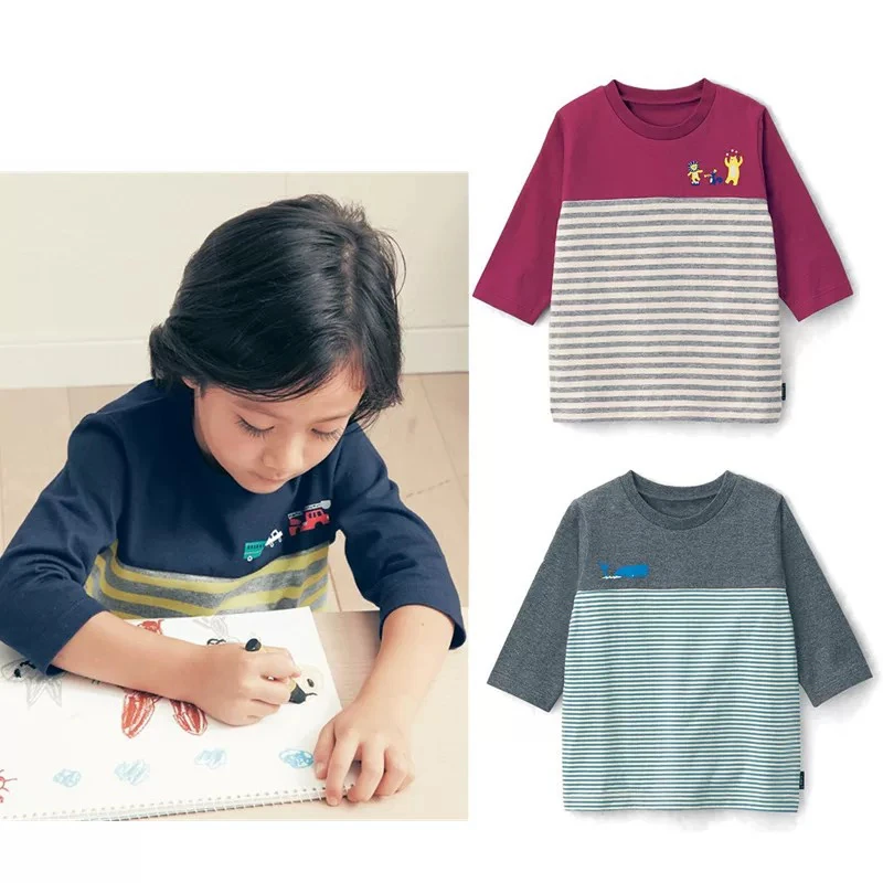 日系春秋款儿童七分袖T恤 男宝宝纯棉中袖套头打底衫卡通童装上衣