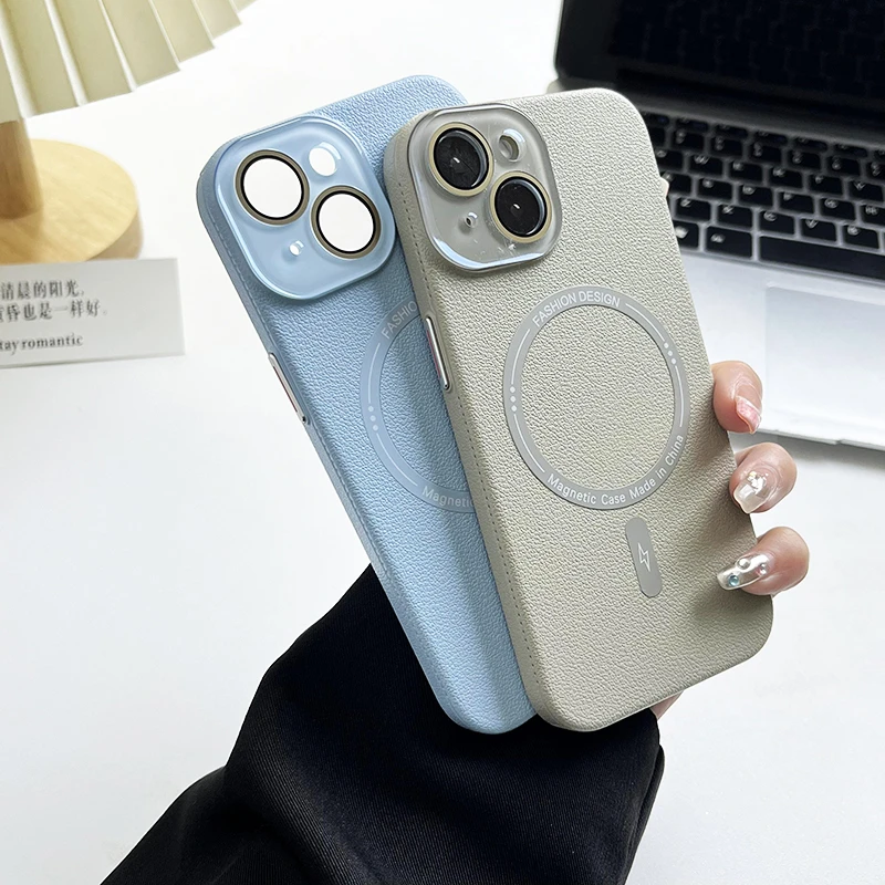 新款磁吸荔枝纹iphone15手机壳苹果14promax镜头膜13简约高级质感