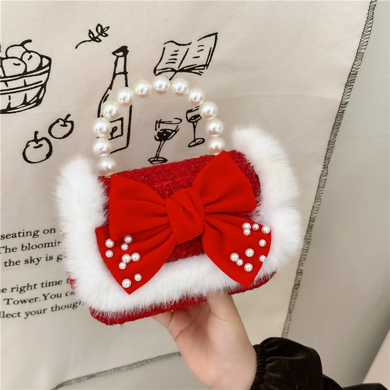 儿童新年红色珍珠手提包时尚女童出门配饰单肩包洋气宝宝零钱挎包