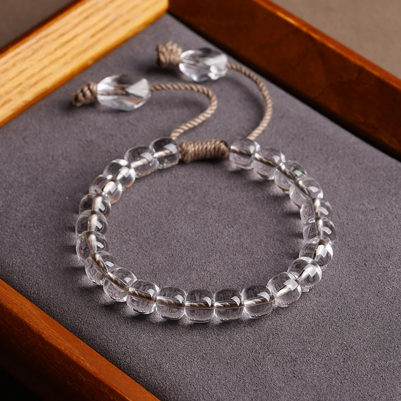 天然白水晶直切桶珠手链麻绳手链伸缩绳款男女款单圈手链