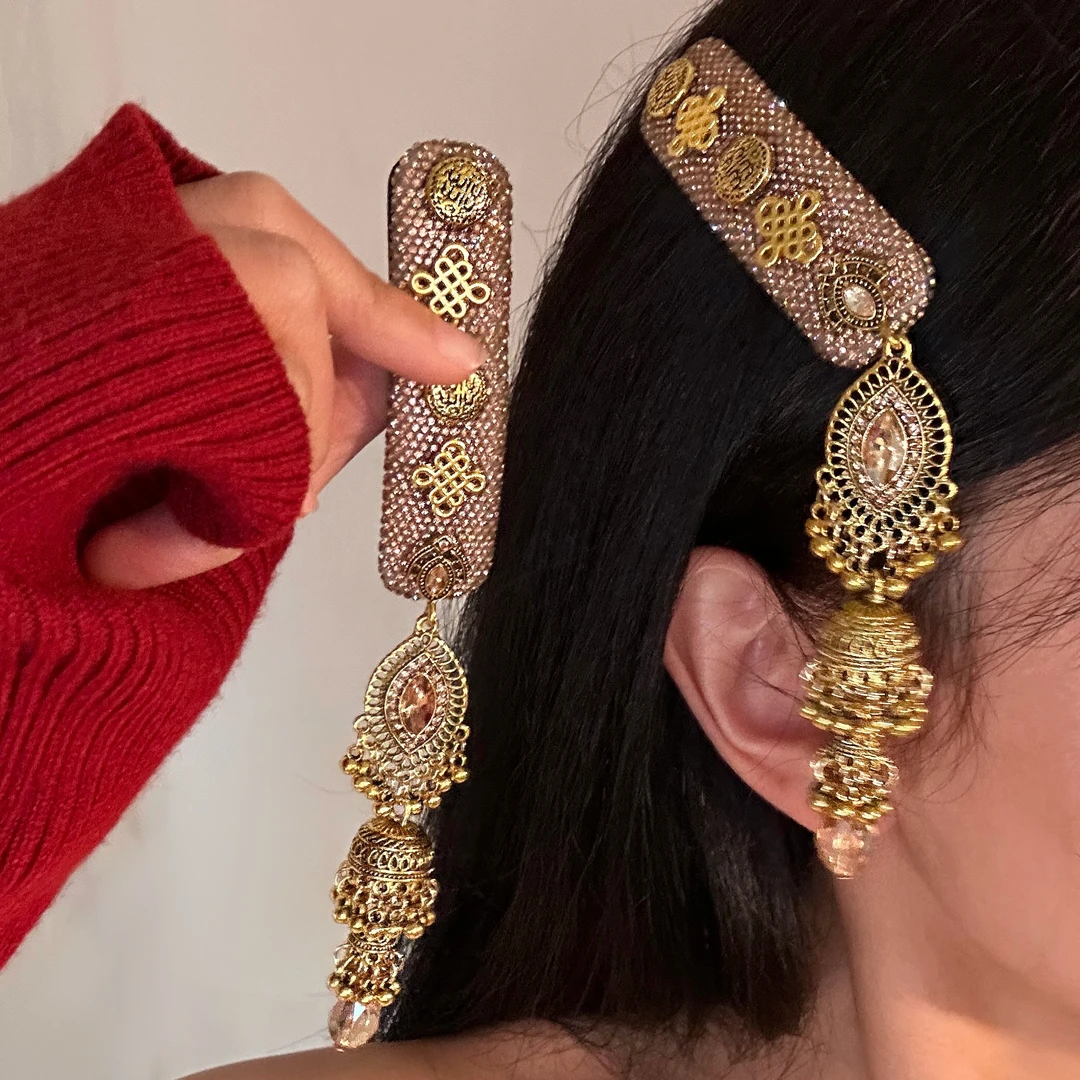 F0225-1奢华宫廷风金色流苏镶嵌发夹女高级感千金发饰侧边夹头饰