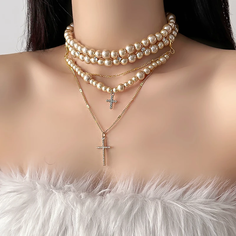 合金仿珍珠项链 X3019-1轻奢气质十字项链女哥特风个性叠戴锁骨链
