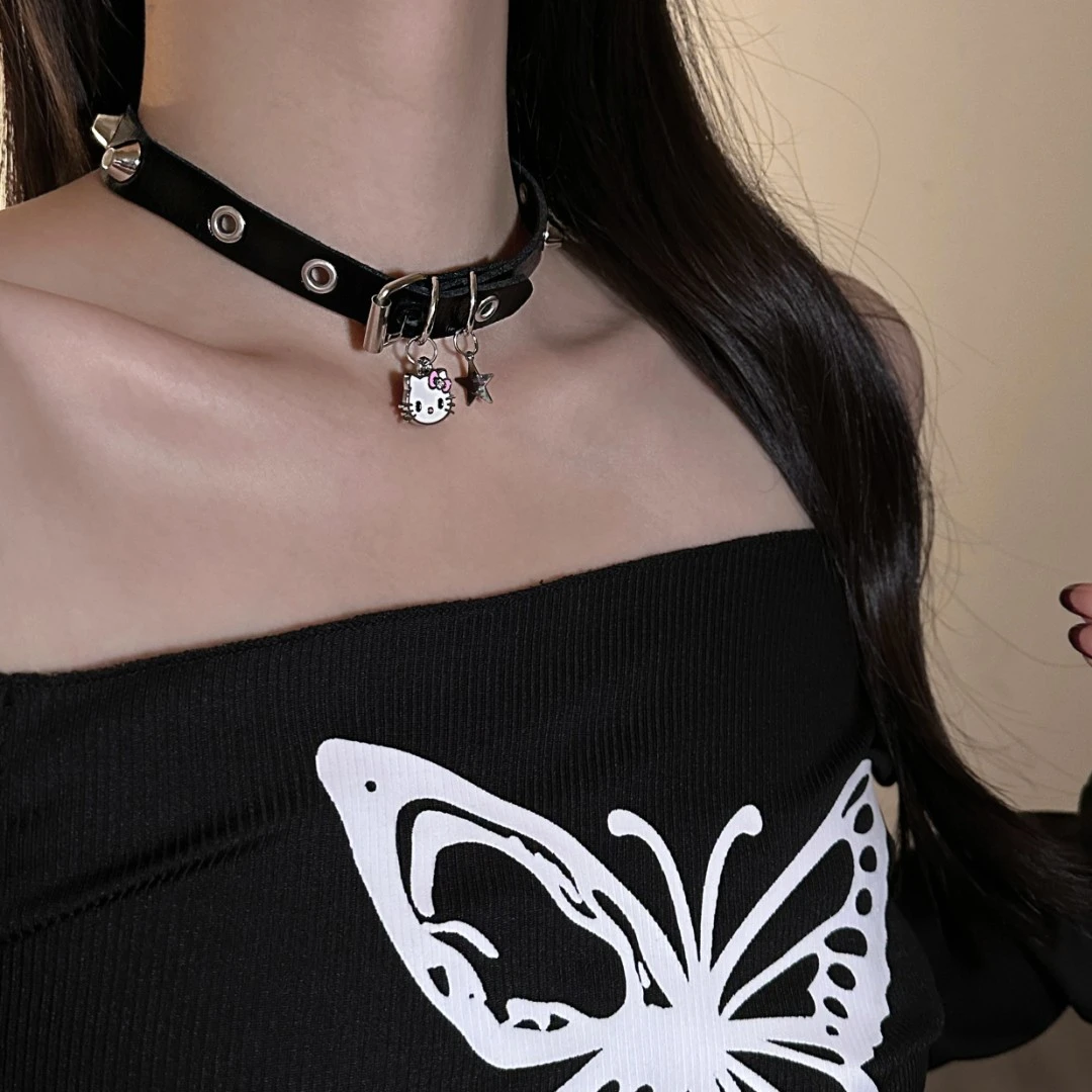 合金皮质项链 X4812-1暗黑y2k辣妹风五角星kt猫铆钉choker项圈