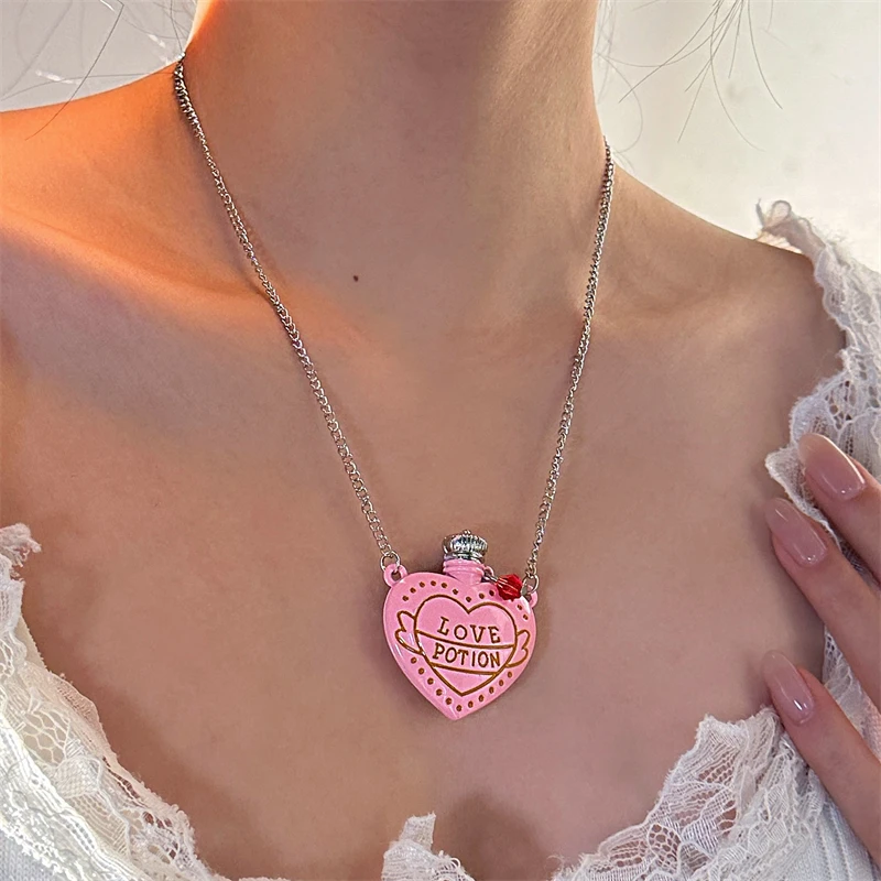 合金项链 X5026-1粉色Lucky爱心简约时尚项链女秋冬毛衣链配饰