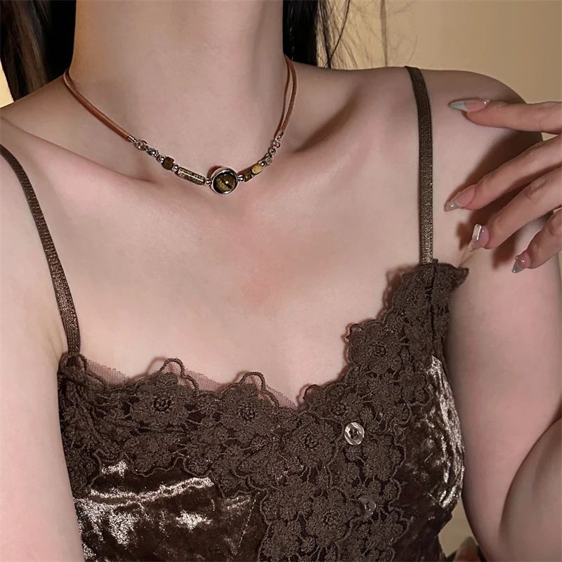 合金皮质项链 X4500-1中式复古风棕色皮质圆珠镶嵌choker项链