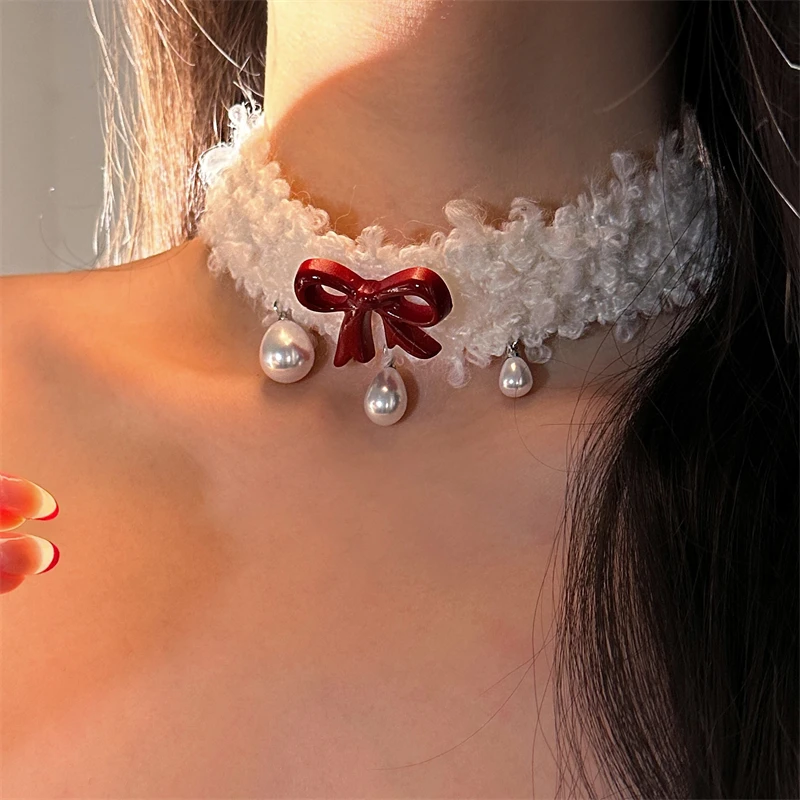 合金布艺项链 X4982-1甜美温柔系毛绒choker蝴蝶颈链女秋冬氛围感