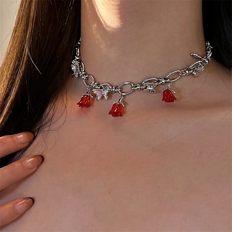 合金亚克力项链 X4895-1法式甜酷风玫瑰花蝴蝶项链女时尚奢华配饰