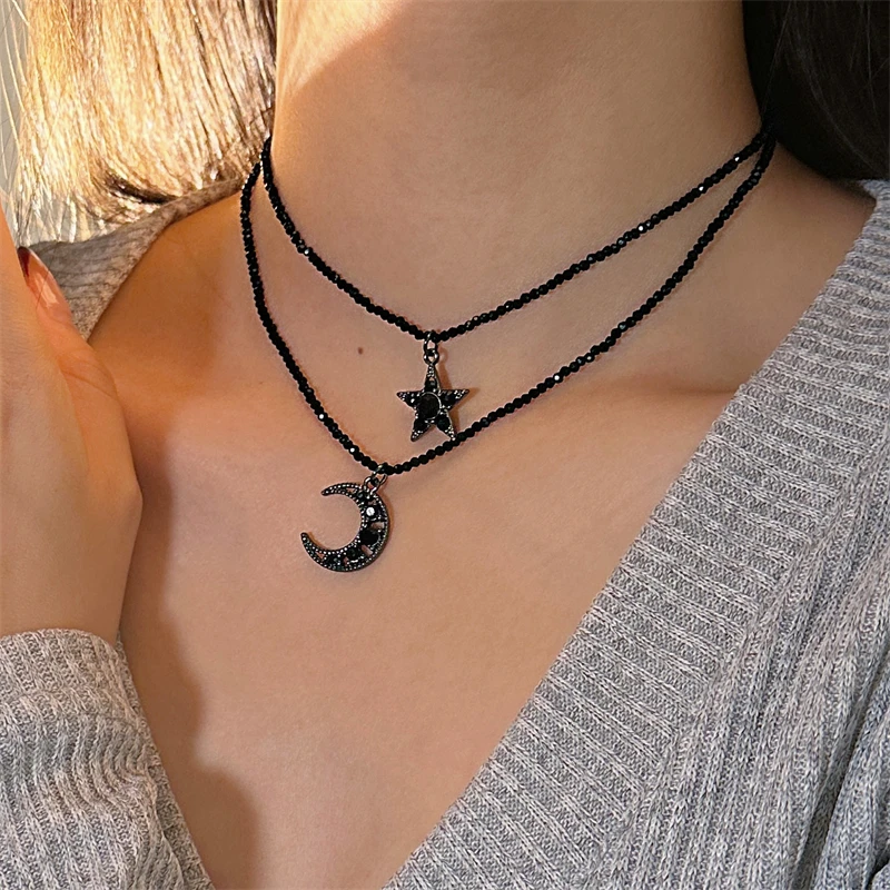 合金亚克力项链 X4922-1甜酷暗黑风双层串珠星星月亮项链潮流时尚
