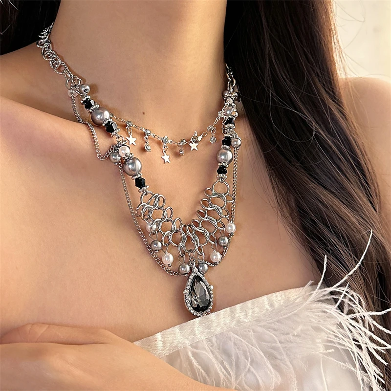 合金亚克力项链 X4934-1甜酷欧美风奢华设计感双层流苏水滴锁骨链