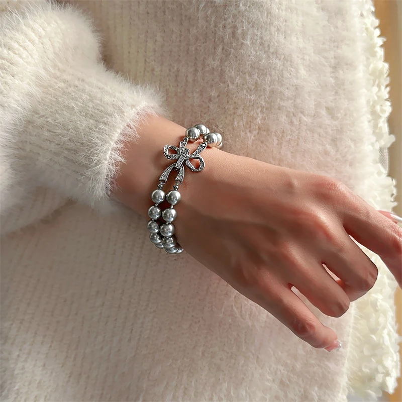 合金亚克力手链 S0543-1清冷感双层灰色串珠蝴蝶结手串