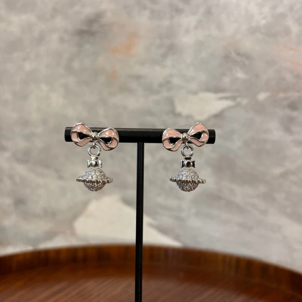 铜合金合成锆石耳饰 粉蝴蝶结星球耳环EH2133