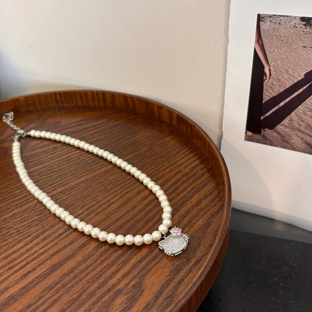 铜合金仿珍珠项链 带粉花kt猫zz项链XL1871