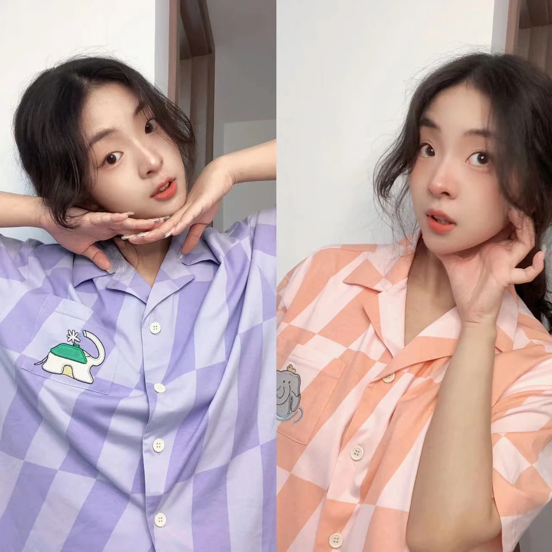 成人凉感夏季针织防凸点家成人居服睡衣套装可外穿女宽松格子休闲