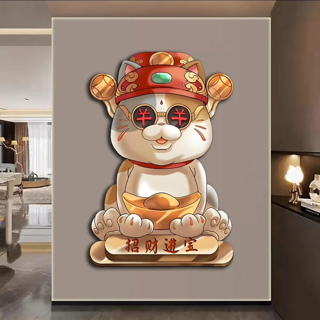 招财猫玄关装饰画现代入户正对门客厅过道墙棋牌室饭店晶瓷装饰画