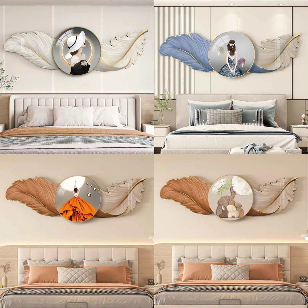 轻奢创意羽毛卧室床头背景墙装饰画沙发背景轻奢极简雕刻装饰画