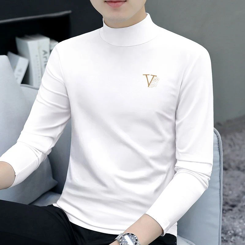 春秋男士秋衣半高领修身潮流休闲秋季新款男士白色长袖T恤打底衫