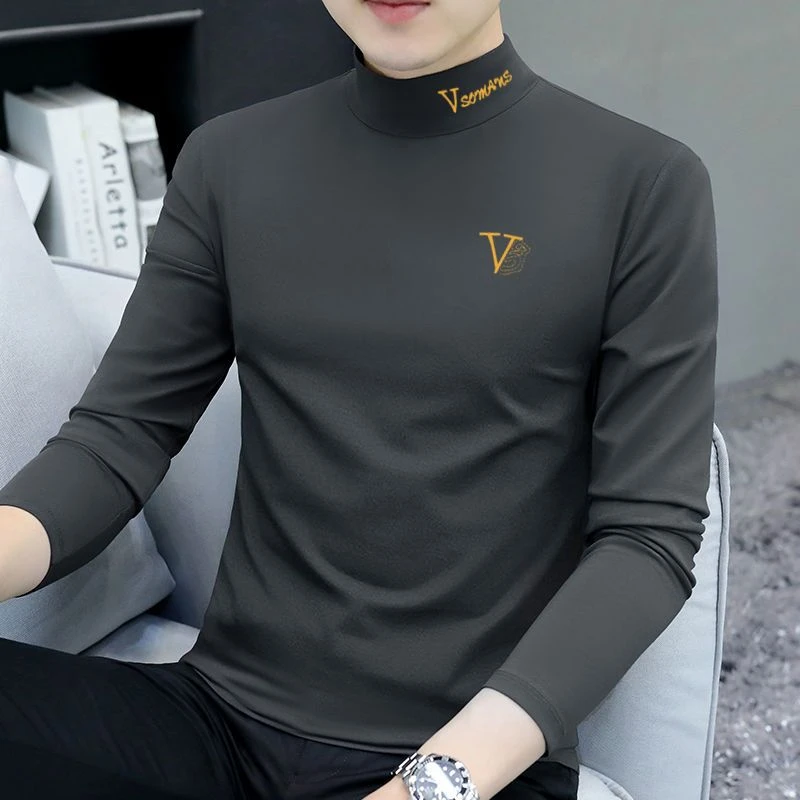 秋季新款男士修身中领长袖T恤时尚中青年印花休闲纯棉百搭打底衫