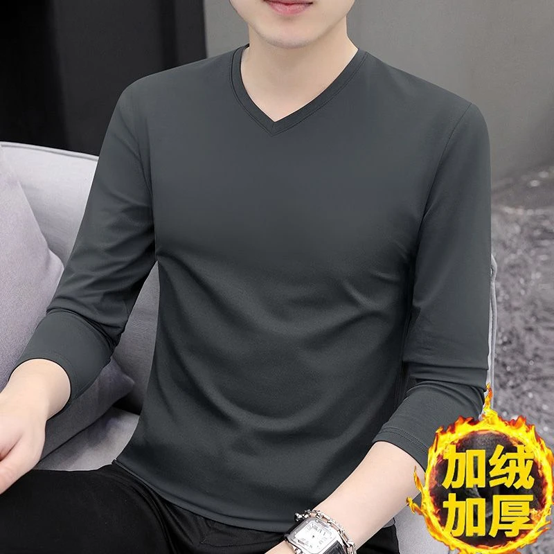 白色长袖T恤2024新款纯色男士V领秋冬保暖上衣服加绒加厚打底秋衣