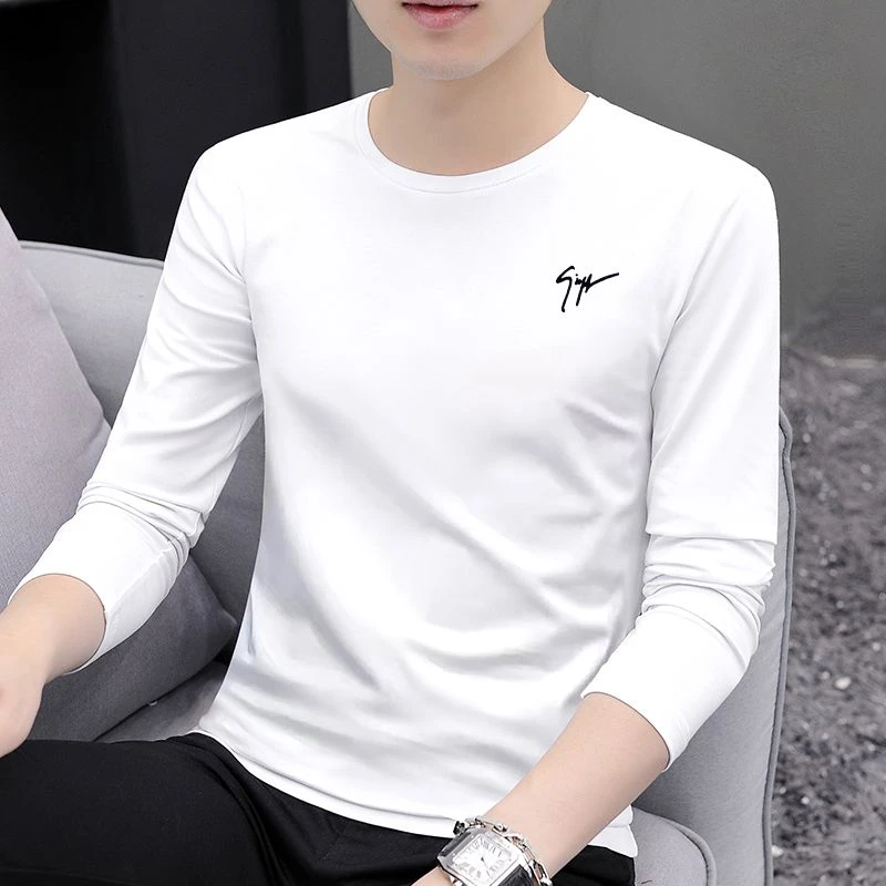 白色长袖T恤男高档宽松秋衣ins春秋款印花潮流打底衫上衣新款内搭