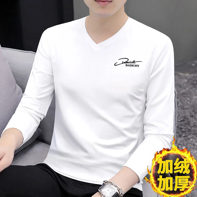 2025新款秋冬加绒男士长袖休闲时尚打底上衣潮流加厚保暖男装体恤