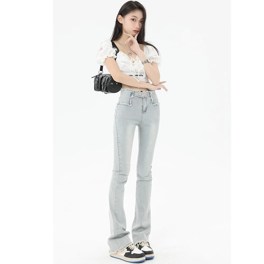 SEAPLUM浅蓝破洞微喇牛仔裤女修身季新款高腰弹性时尚显瘦毛边拖