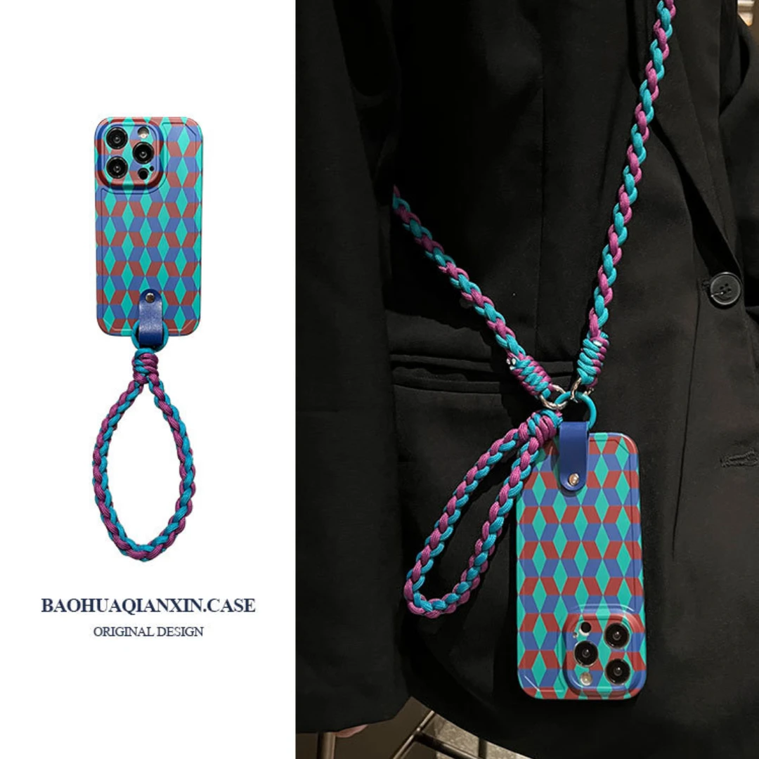 复古小众撞色编制手绳适用iPhone17promax手机壳适用苹果16斜挎款