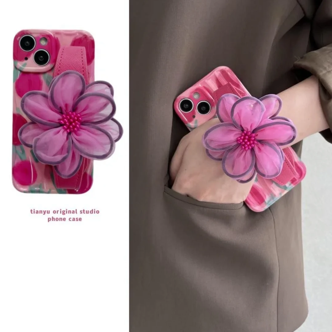 【苹果13】初夏粉色纱花腕带iPhone14promax手机壳15郁金香斜跨11