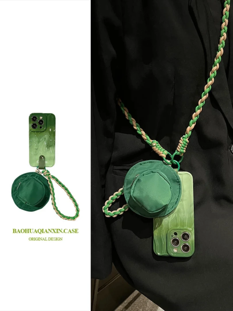 渐变晕染绿色渔夫帽iPhone15promax手机壳斜跨背带适用于苹果13女