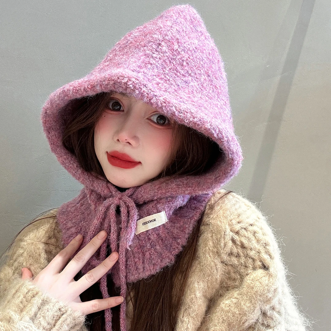 秋冬季新款减龄巴拉克拉法帽系扣围脖帽子一体女护耳保暖针织帽子