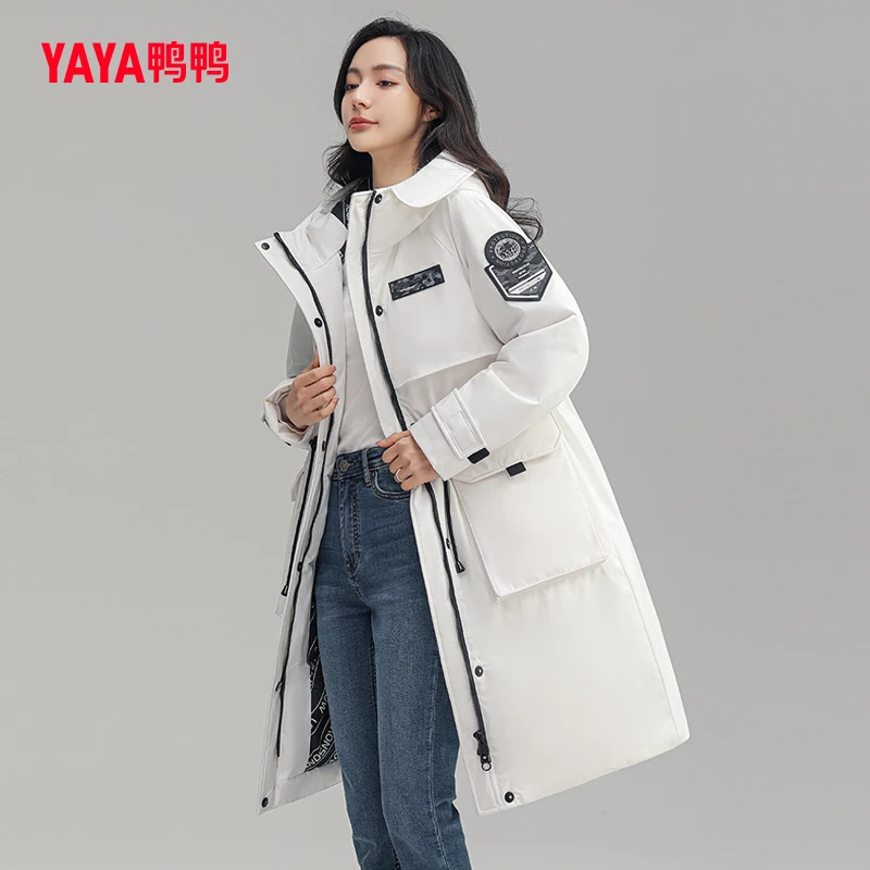 YAYA/鸭鸭冬季新款2024连帽保暖羽绒服女中长款时尚工装防风外套