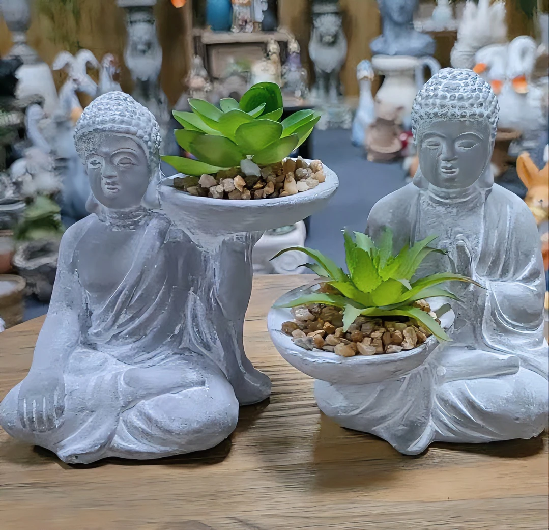 禅意户外庭院风化质感佛像佛头摆件仿真多肉植物盆栽软装工艺品