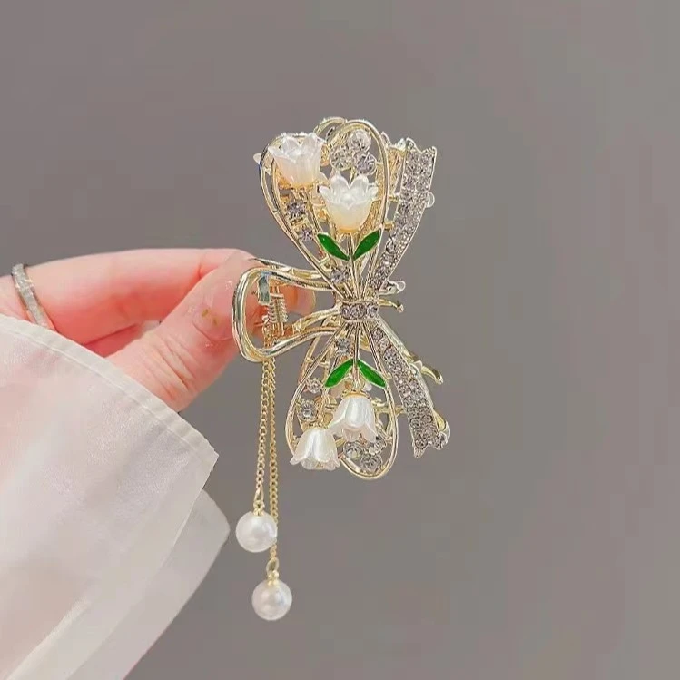 锌合金发饰 铃兰花蝴蝶结流苏抓夹气质女后脑勺盘发夹高级鲨鱼夹