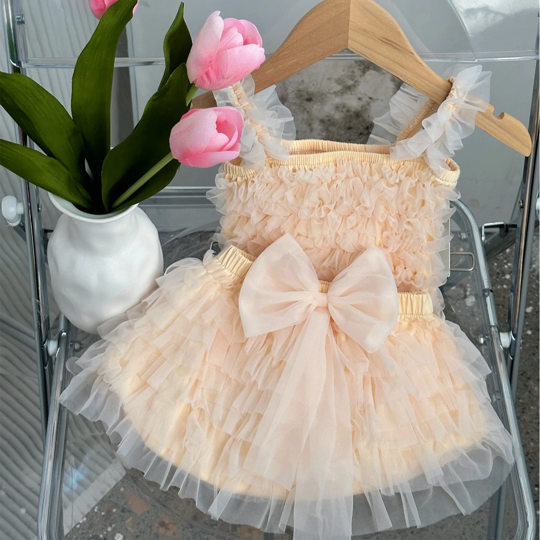 女童新款华丽可爱蓬蓬立体花边网纱公主风tutu裙裤吊带上衣2件套