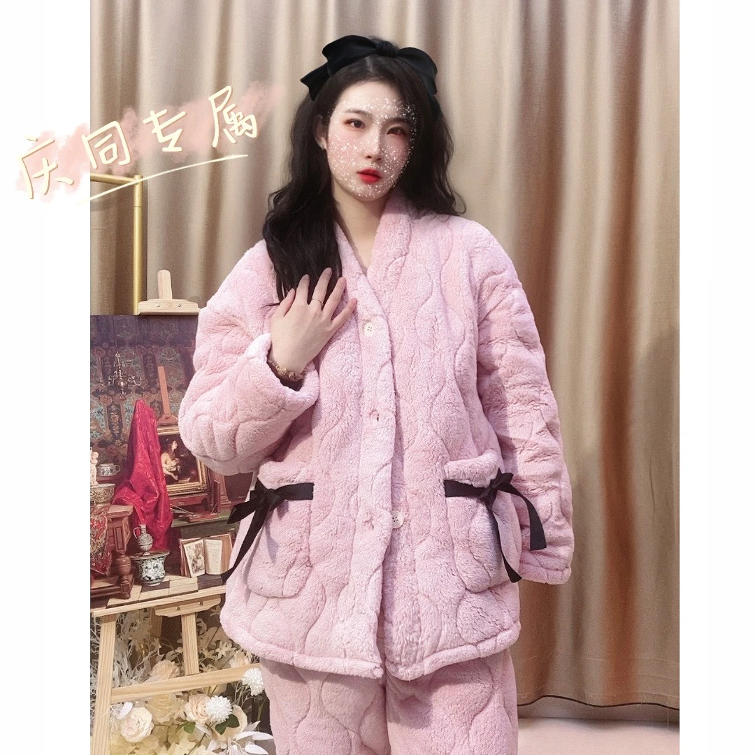 女款睡衣秋冬珊瑚绒夹棉套装三层加厚保暖法兰绒可外穿和服家居服